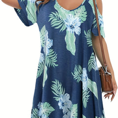  Floral Print Cold Shoulder Dress