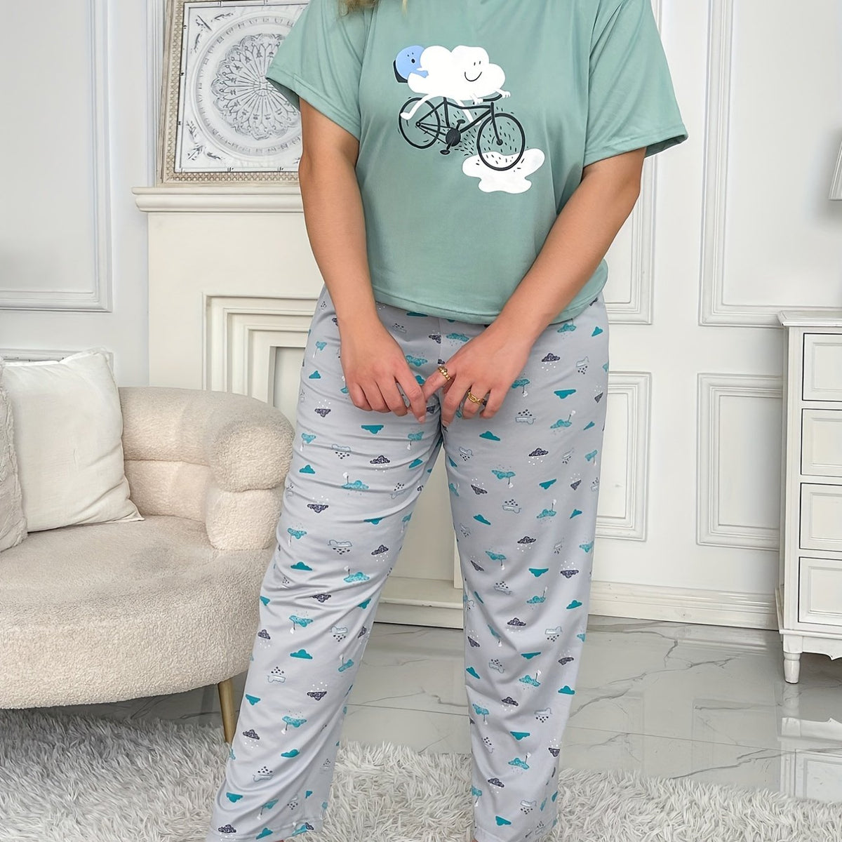  Cartoon Clouds Print Tee & Pants Pajama Set
