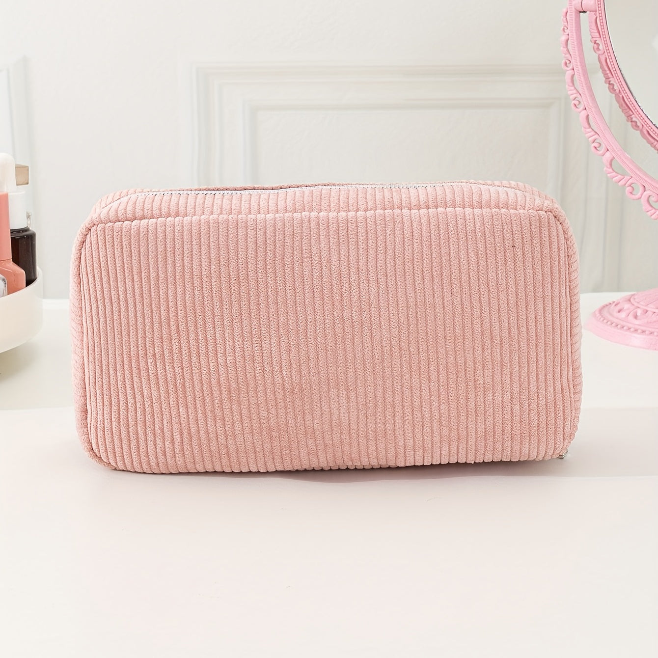 Pink Corduroy Makeup Bag with Silvery Zipper