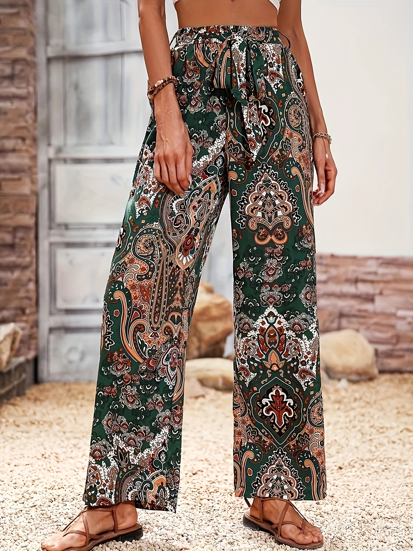  Boho Pants Women's High Rise Wide Leg Trousers With Belt
