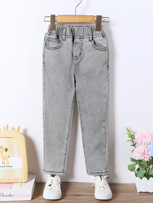 Girls Light Gray Washed Stretch Tapered Denim Trousers