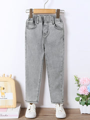 Girls Light Gray Washed Stretch Tapered Denim Trousers