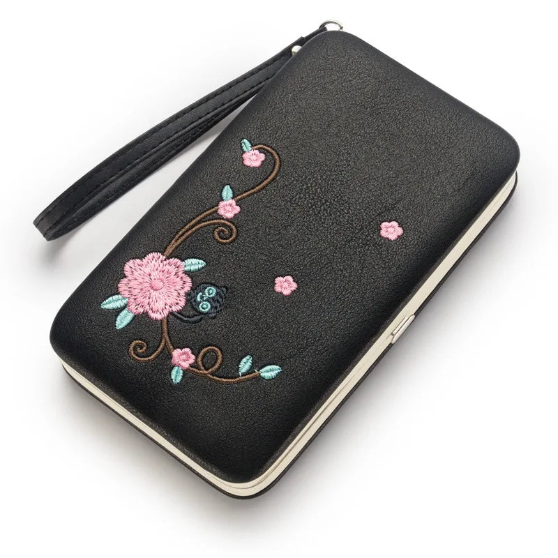 Women Floral Purse Long Cat Wallet Female Clutch Leather Large Purse