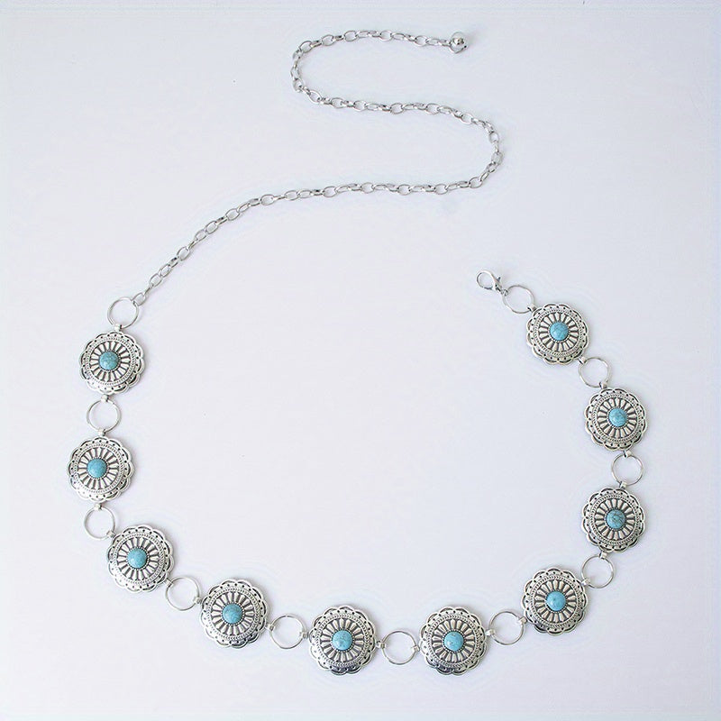 Vintage Silvery Turquoise Waist Chain with Tassel, Bohemian Belly Belt
