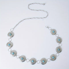 Vintage Silvery Turquoise Waist Chain with Tassel, Bohemian Belly Belt