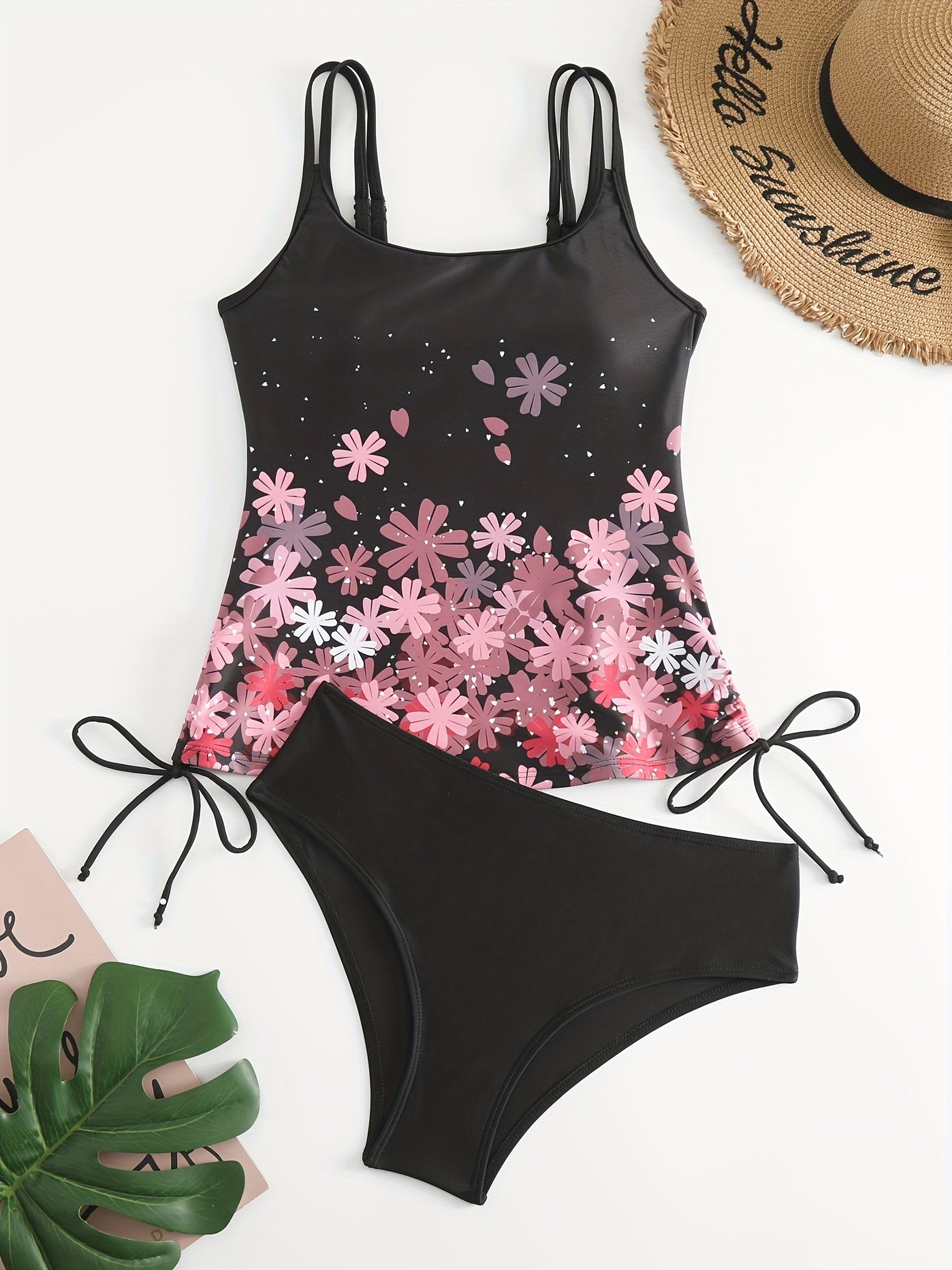 Floral Print Split Strap Knot Side Tankini Set Plus Size