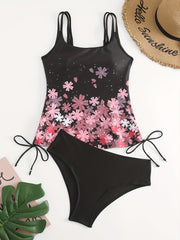 Floral Print Split Strap Knot Side Tankini Set Plus Size