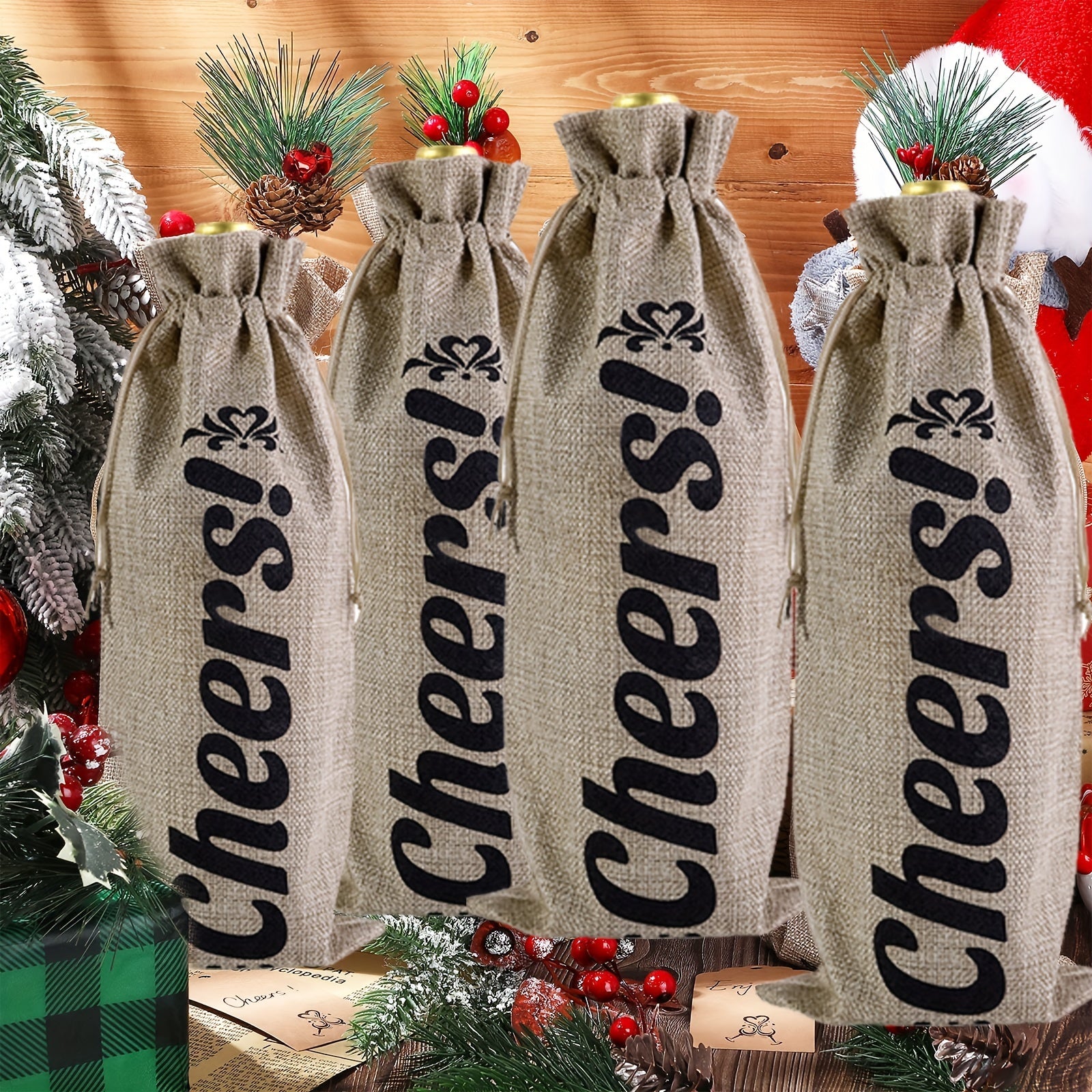 5-Piece Linen Wine Gift Bag Set with Drawstring - Wine Wrapping Bags for Bottles