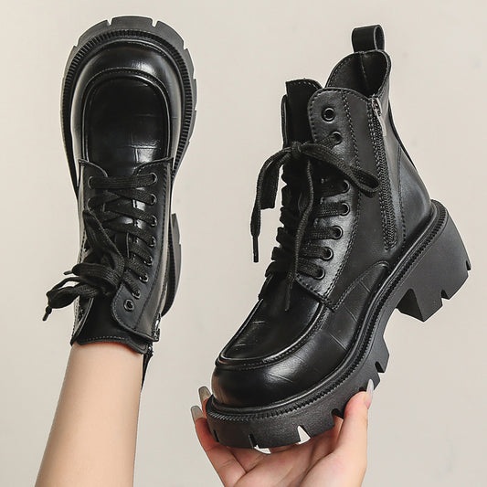 Chunky Heeled Combat Boots Lace Up & Side Zipper Women's Ankle Boot