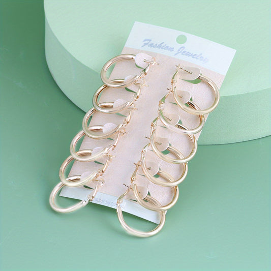 6 Pairs Golden Silver Glossy Tube Hoop Earrings Set for Daily Decoration