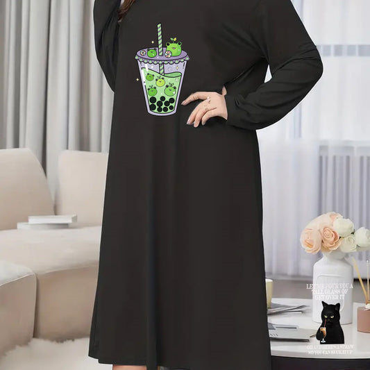  Frog Drinks Print Long Sleeve Tee Sleep Dress