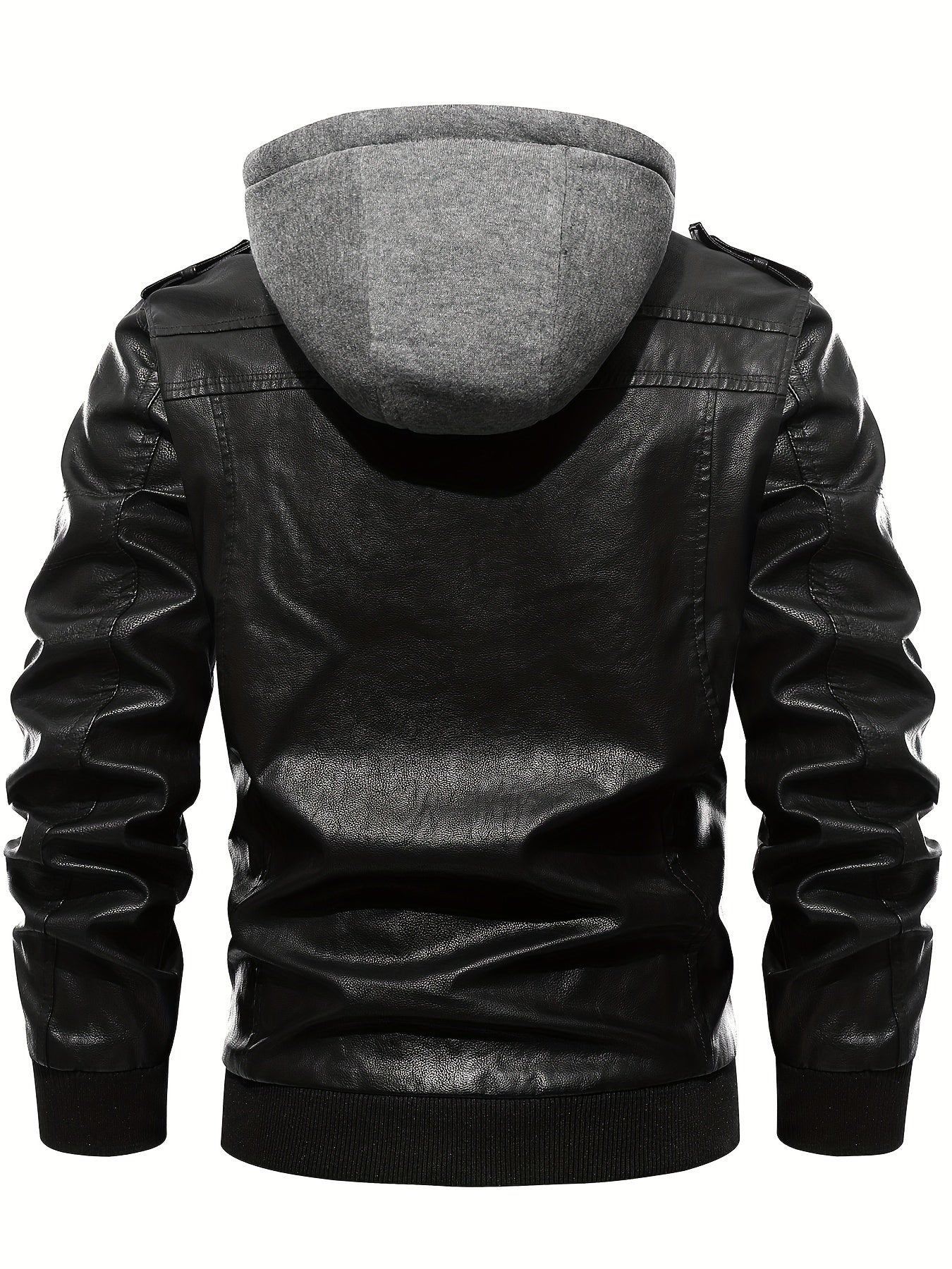 Men's PU Leather Hooded Jacket for Outdoor Cycling