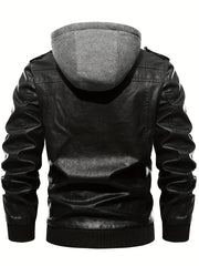 Men's PU Leather Hooded Jacket for Outdoor Cycling