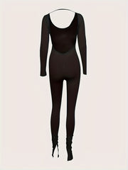 Women's Boat Neck Long Sleeve Backless Jumpsuit