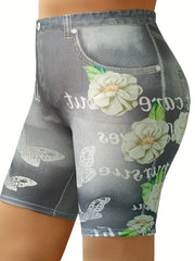  Denim & Floral Print High Rise Skinny Shorts
