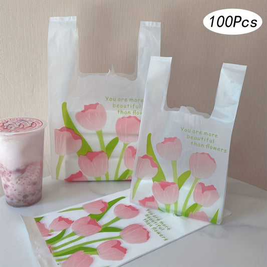 100pcs Tulip Print Shopping Bags for Stores & Bakeries