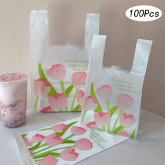 100pcs Tulip Print Shopping Bags for Stores & Bakeries