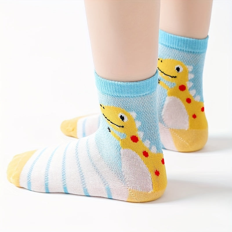 5 Pairs Boys Dinosaur Pattern Short Crew Socks - Breathable & Comfortable