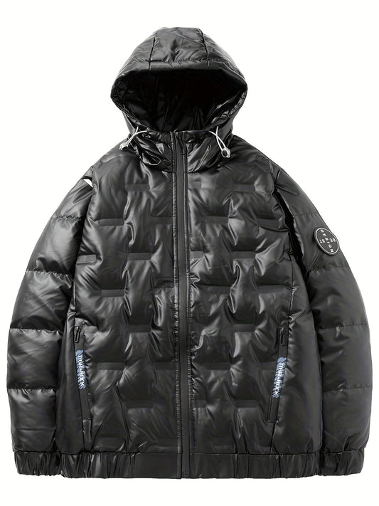 Men's Lightweight Hooded PU Puffer Jacket for Winter