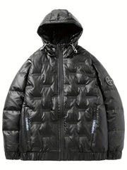 Men's Lightweight Hooded PU Puffer Jacket for Winter