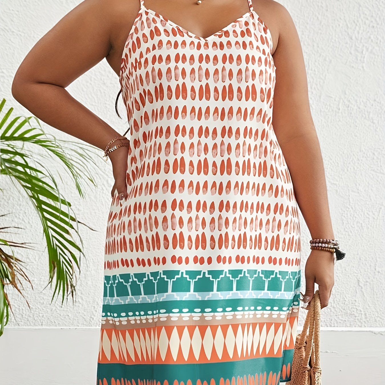  Geometric Print V Neck Mini Cami Dress