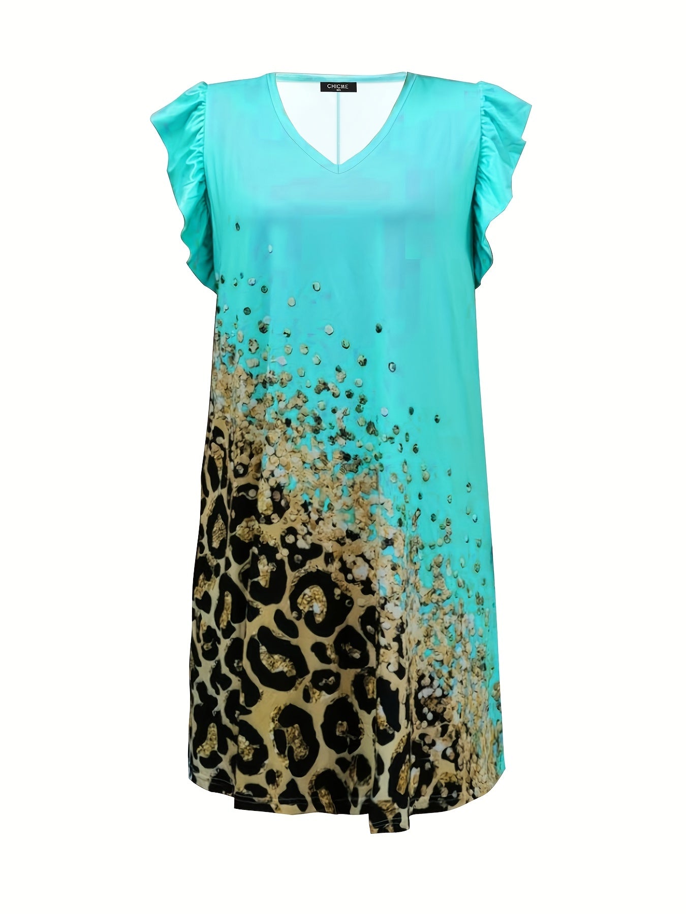  Colorblock Leopard Print Ruffle Sleeve V Neck Dress