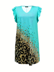  Colorblock Leopard Print Ruffle Sleeve V Neck Dress