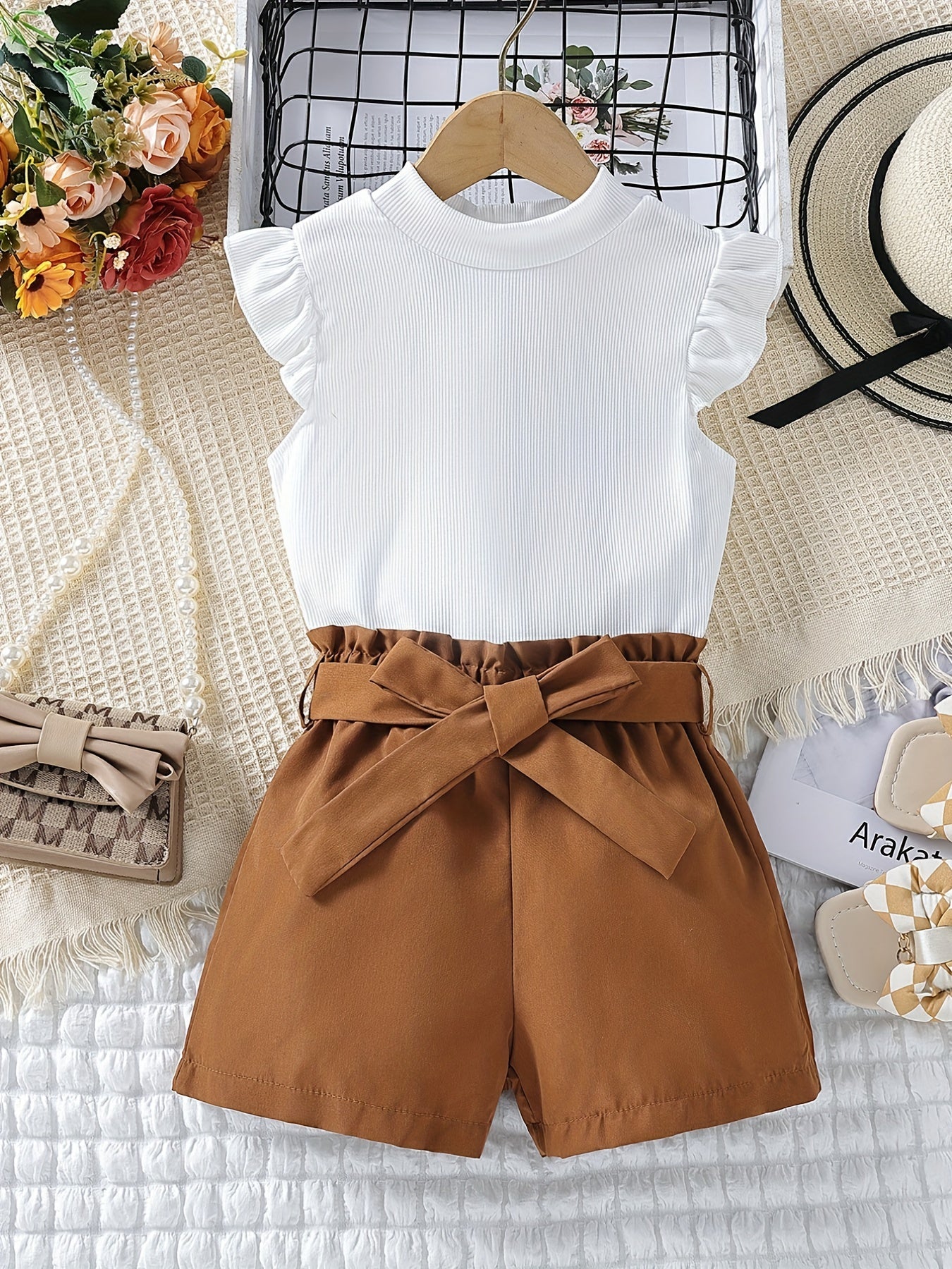 Girls 2pcs Sleeveless Top & Elastic Waist Shorts Summer Kids Clothes