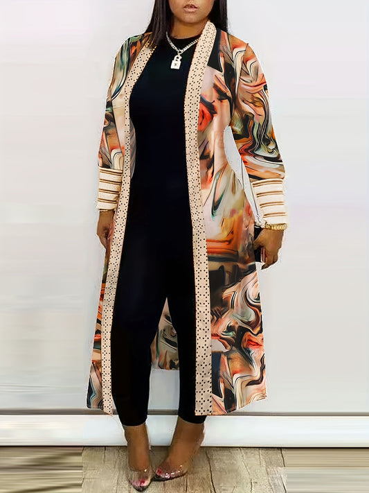  Colorblock Marble Print Open Front Cardigan