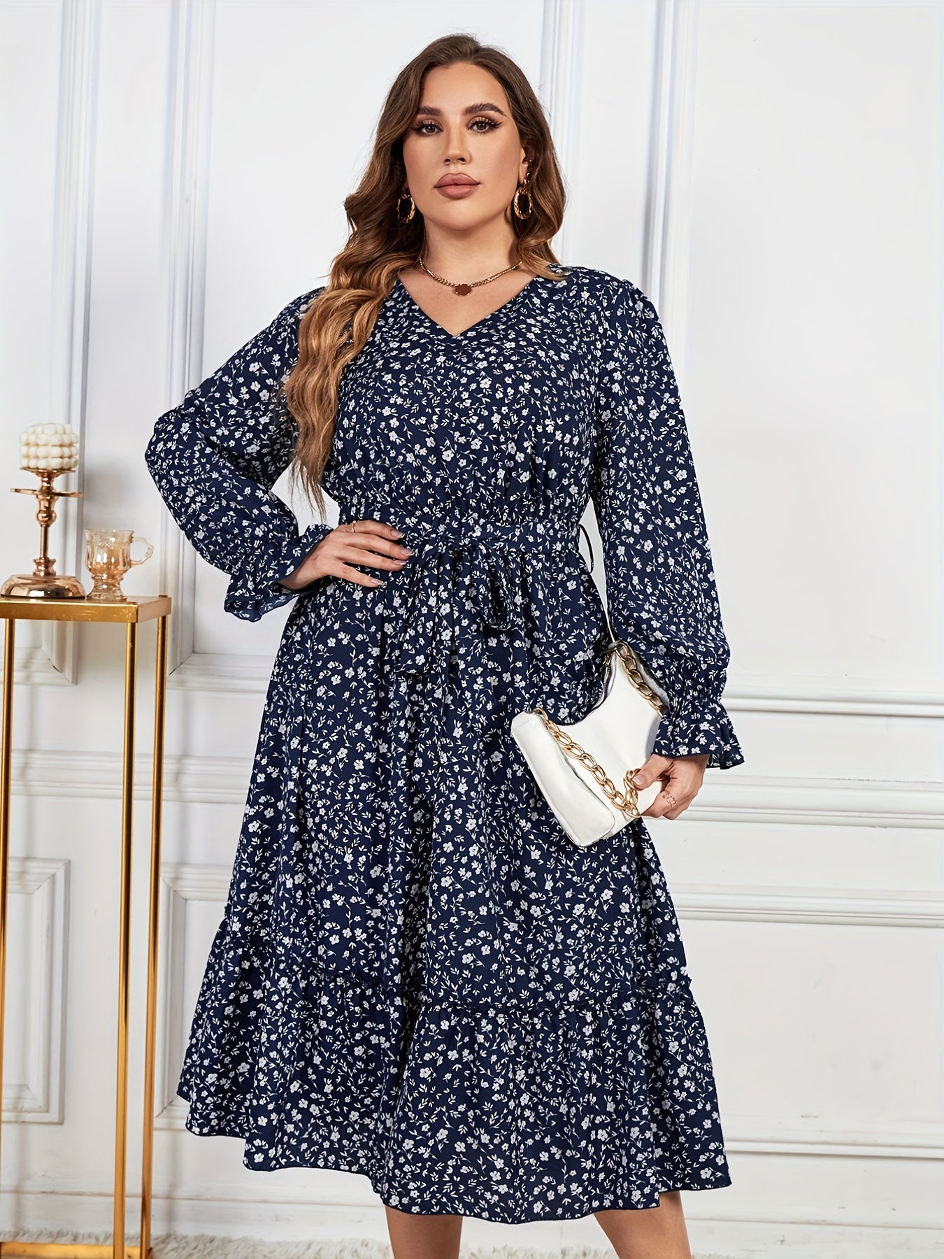  Ditsy Print Ruffle Trim Lantern Sleeve V Neck Midi Dress