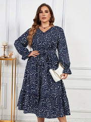  Ditsy Print Ruffle Trim Lantern Sleeve V Neck Midi Dress