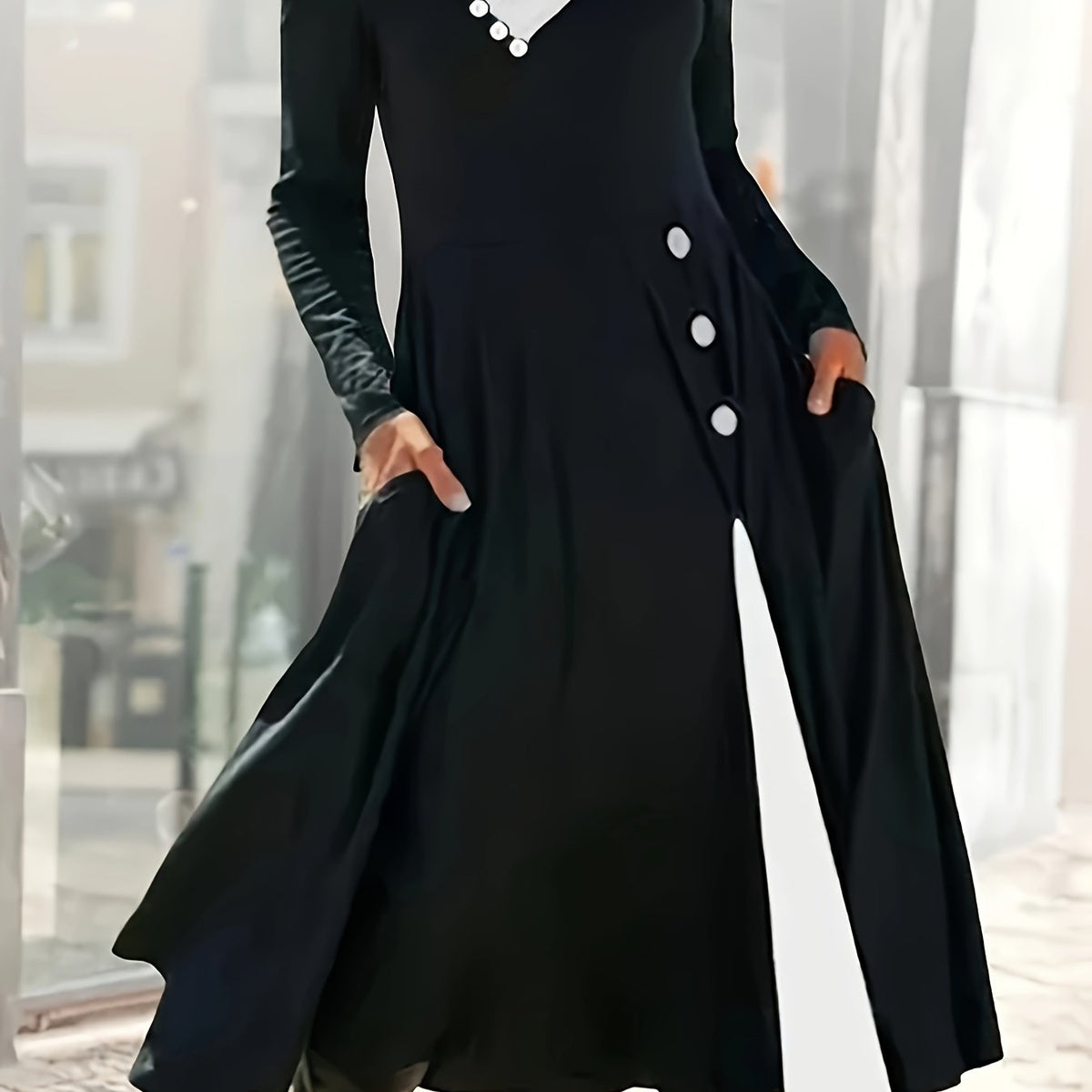  Colorblock Button Long Sleeve Dress With Pockets