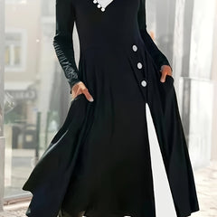  Colorblock Button Long Sleeve Dress With Pockets