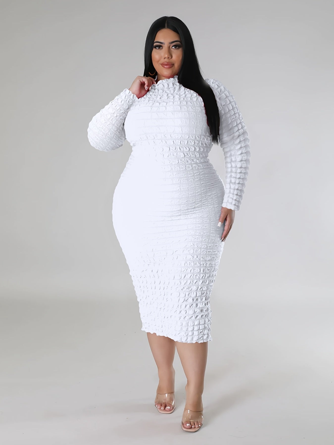  Solid Crinkle Long Sleeve High Neck Midi Dress