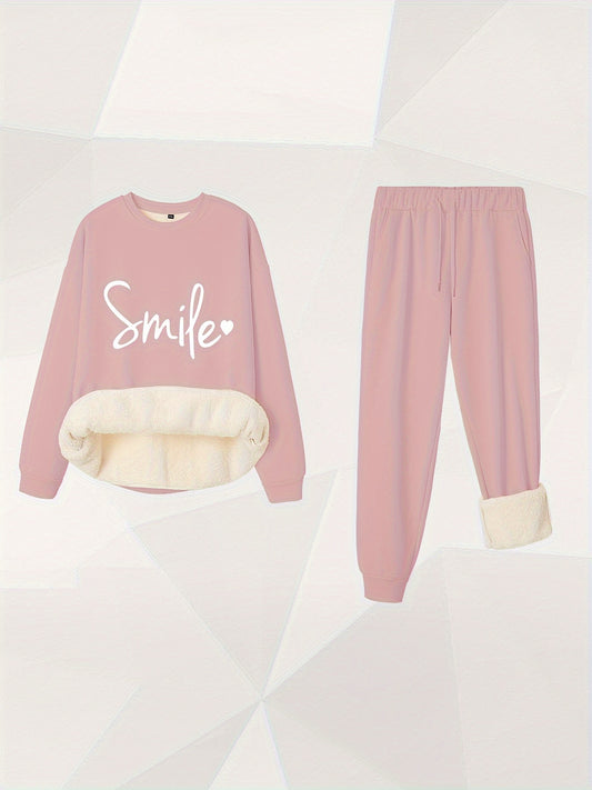  Letter & Heart Print Crew Neck Fleece Top & Joggers Outfit