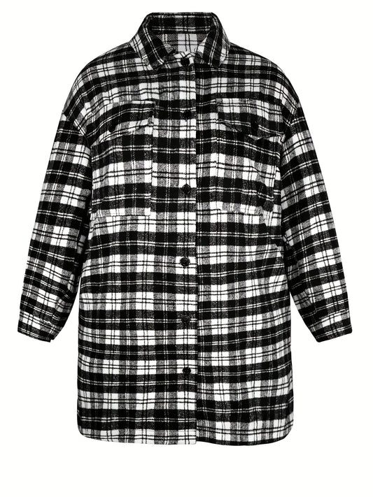  Plaid Print Long Sleeve Button Up Tunic Shirt