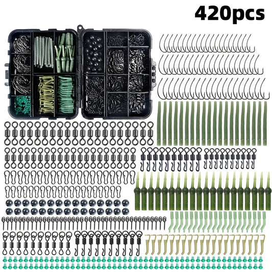420 Piece Carp Fishing Kit Hooks Materials Portable Box Bass Silver Carp