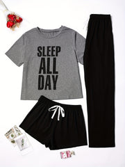  Letter Graphic Tee & Shorts & Pants Pajama Set