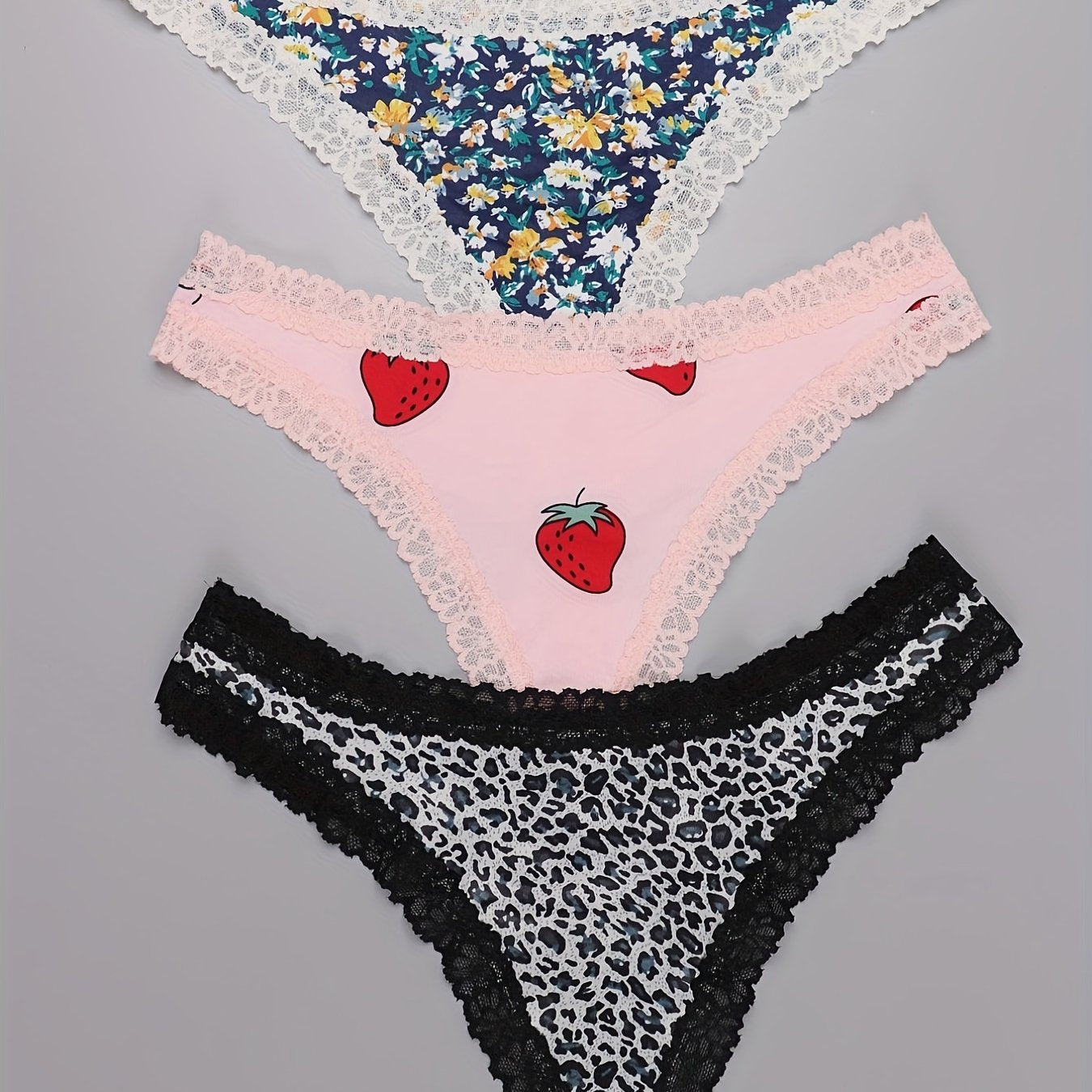 3 Pack Plus Size Lace Trim Thongs Leopard & Strawberry & Floral Print
