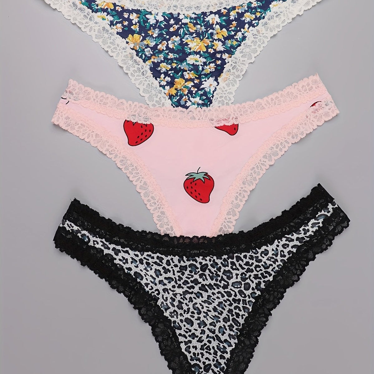 3 Pack Plus Size Lace Trim Thongs Leopard & Strawberry & Floral Print