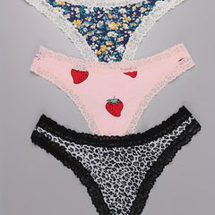 3 Pack Plus Size Lace Trim Thongs Leopard & Strawberry & Floral Print