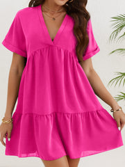 Ruched V Neck Dress Short Sleeve Casual Dress