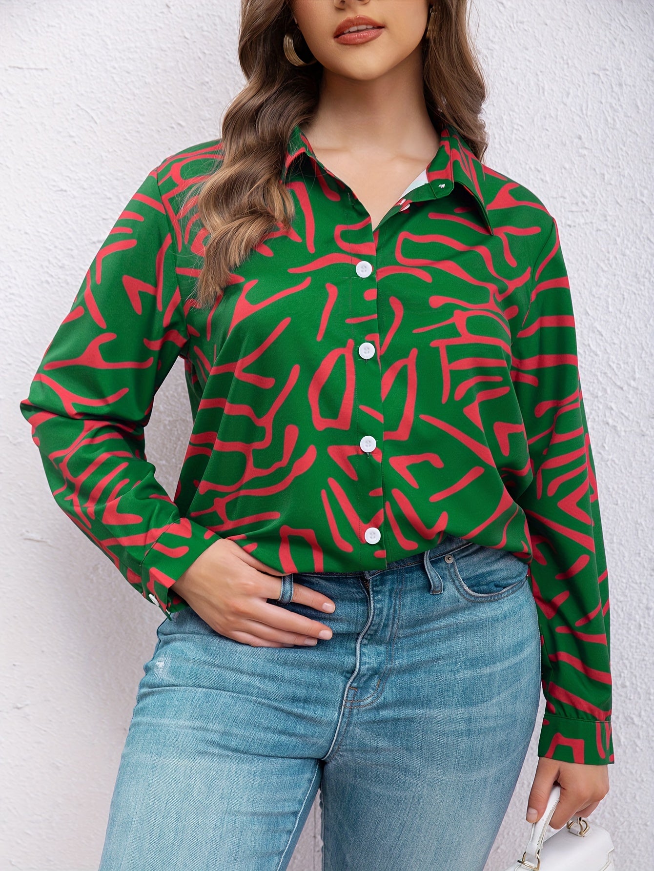  Casual Blouse Women's Plus Allover Print Long Sleeve Button Up Shirt