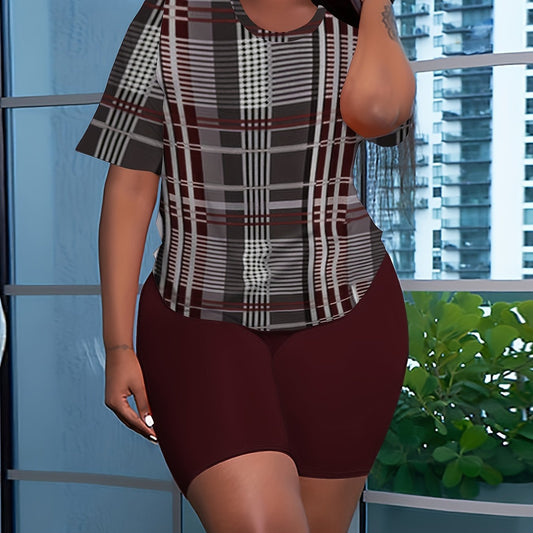  Plaid Print Tee & Shorts Outfits Set