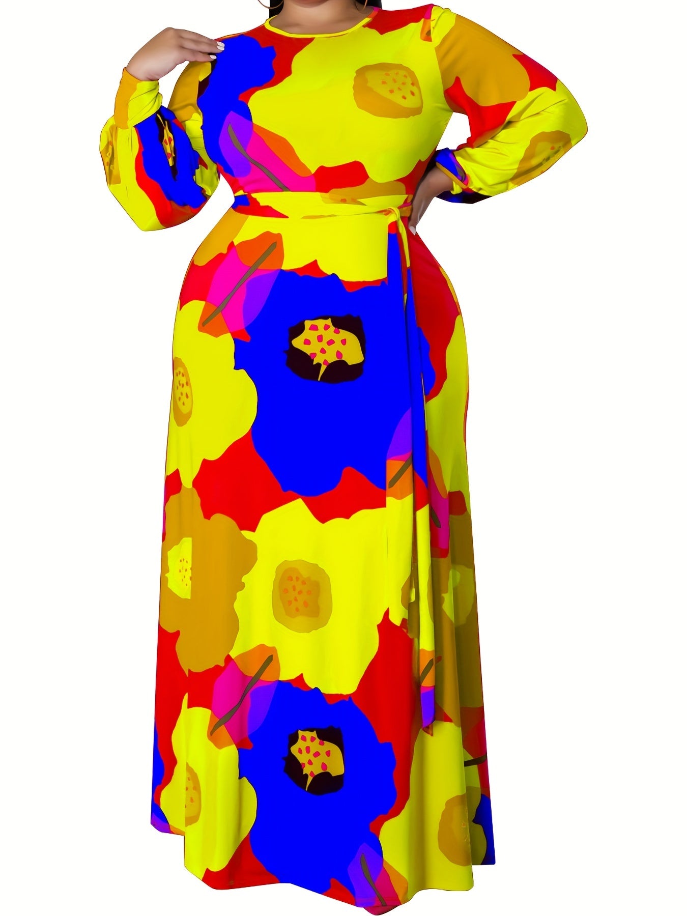 Floral Print Lantern Sleeve Maxi Dress With Belt