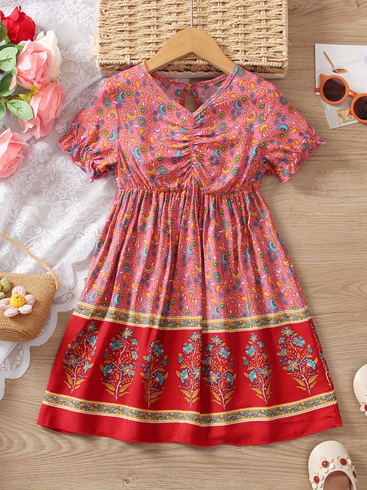Girls Ruched V neck Short Sleeve Vintage Dress For Party Vacation Outfit