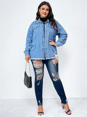  Casual Denim Top Women's Plus Solid Button Up Long Sleeve