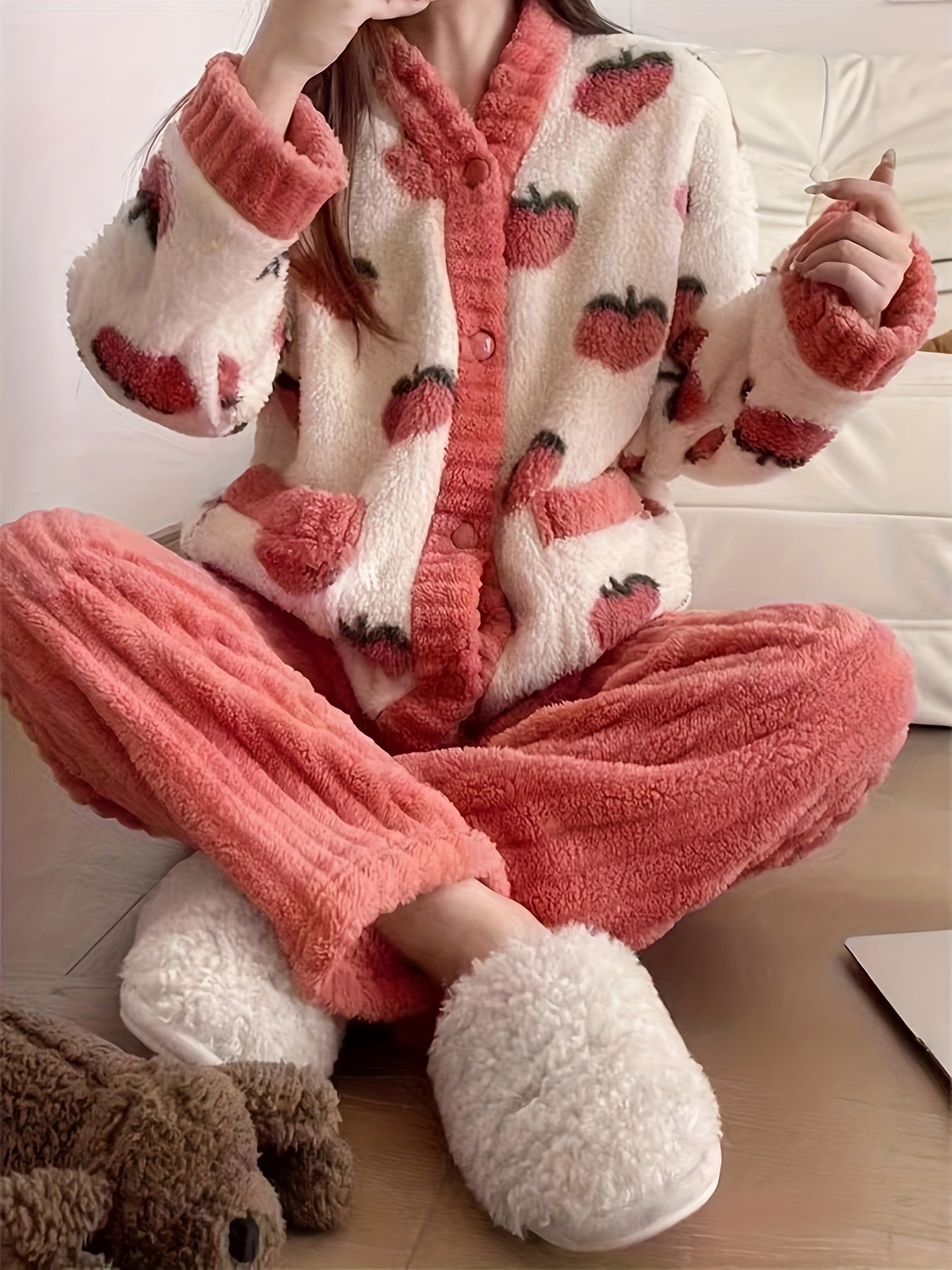 Fruit Print Pajama Set Long Sleeve V Neck Buttons Top Elastic Waistband
