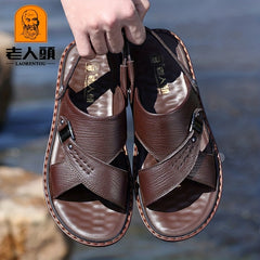 LAORENTOU Men's Leather Non Slip Sandals Comfy Beach Shoes Summer