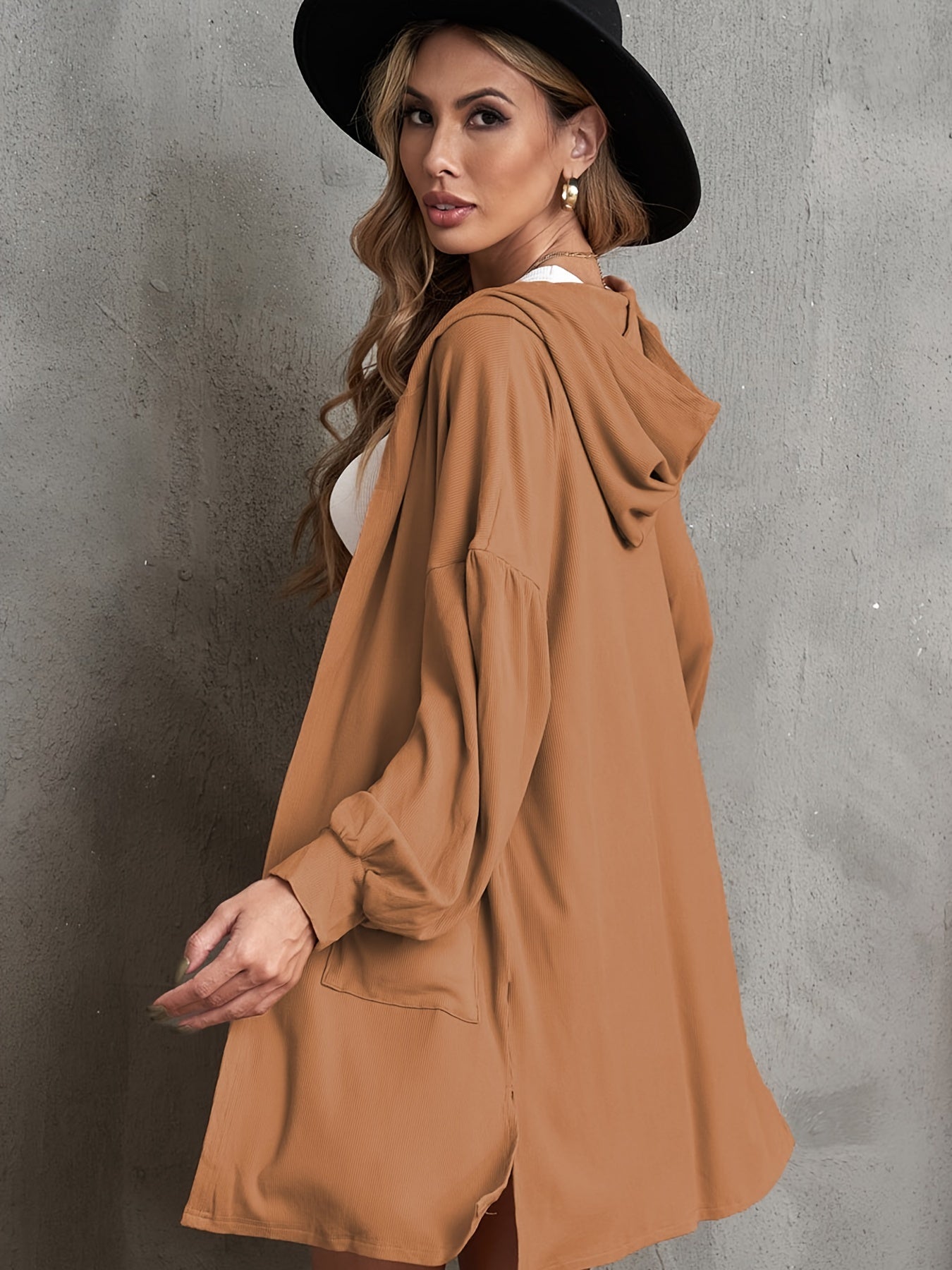 Hooded Mid Length Loose Jacket Solid Outerwear
